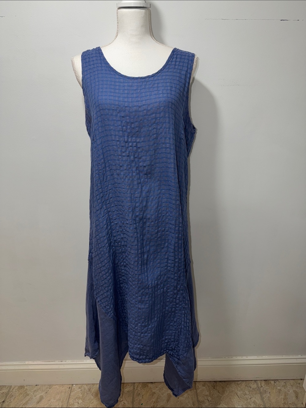 Linnea‎ Women’s Linen Maxi Dress Sz Small Blue Check Flowy Boho Coastal Nautical